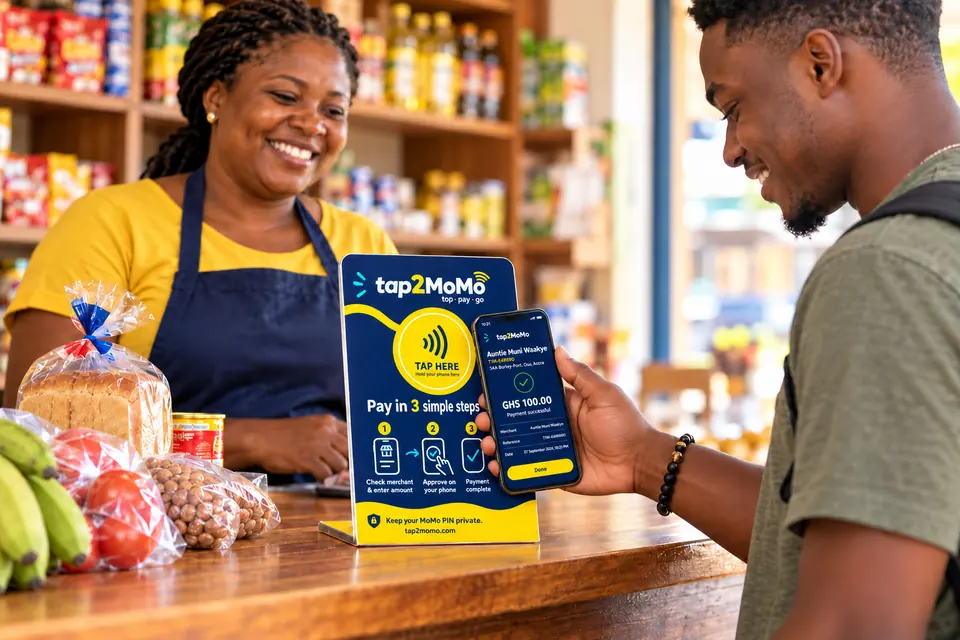 A customer holds up a payment receipt on his phone beside a Tap2MoMo stand on a shop counter.