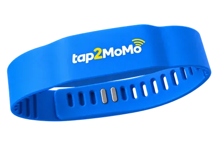 A bright blue Tap2MoMo wristband.