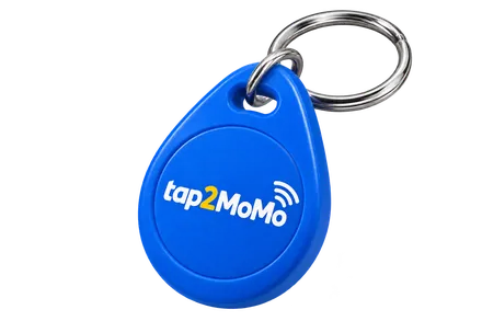 A blue Tap2MoMo key fob on a key ring.