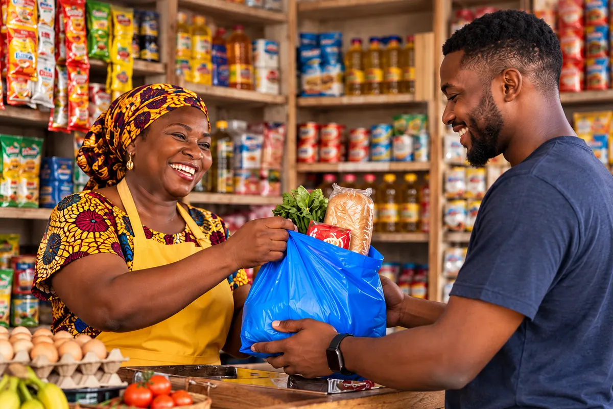 A smiling shopkeeper hands a bag of groceries across the counter to a customer.