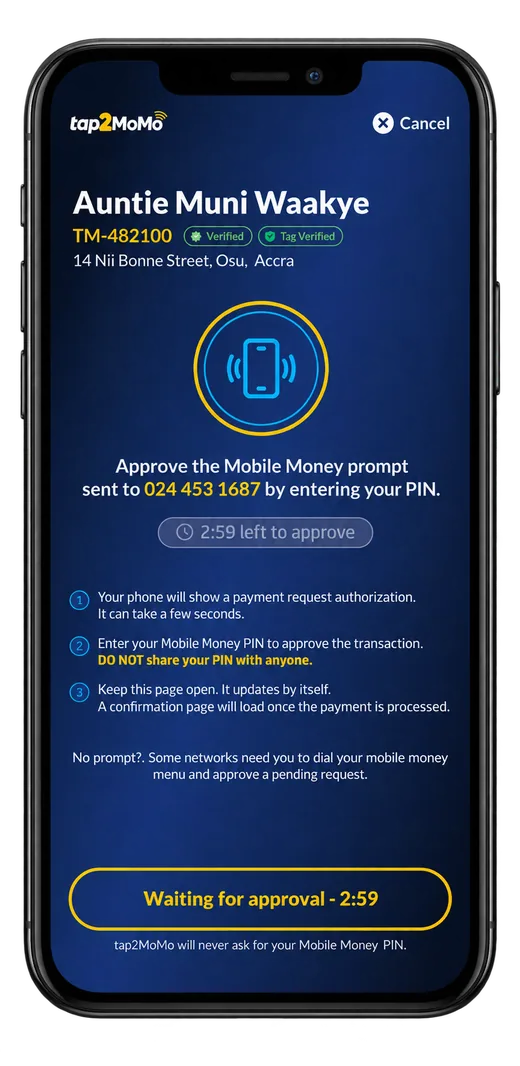 The pay screen waiting while the customer approves the Mobile Money prompt.