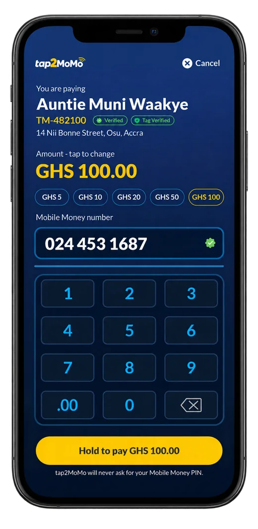The Tap2MoMo pay screen showing the shop name and an amount being entered.