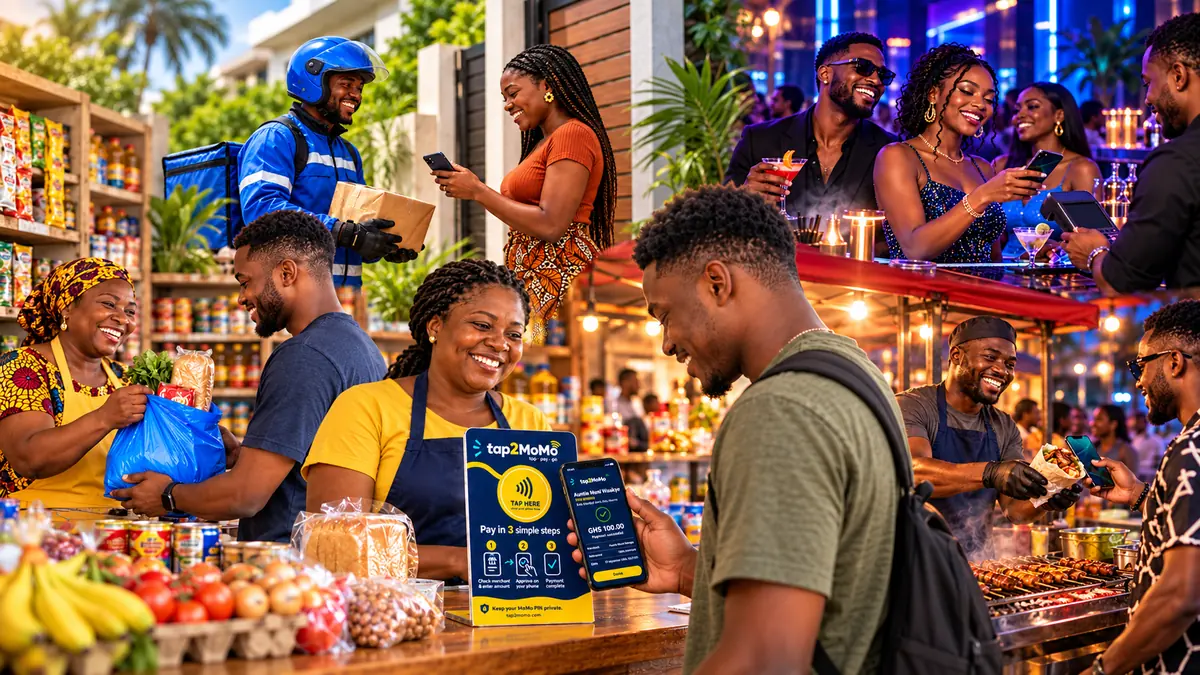 People paying with Tap2MoMo at a shop, a lounge, a kebab grill and their front door.