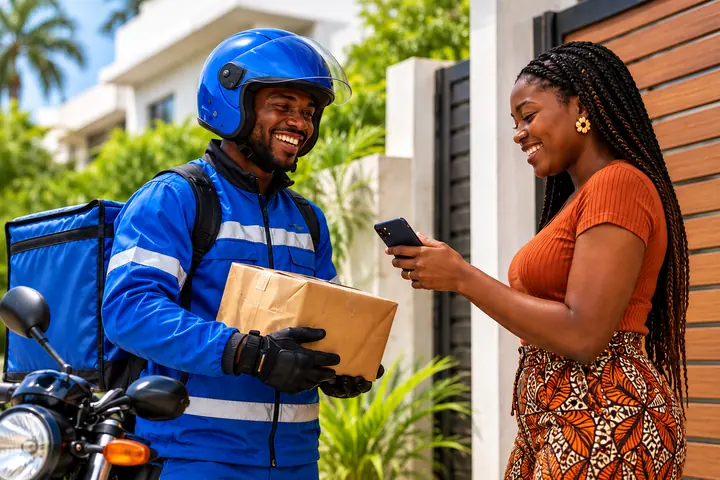 A delivery rider hands a parcel to a customer holding her phone at her gate.