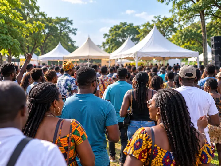 A crowd of festival-goers walks towards white tents on a sunny day.