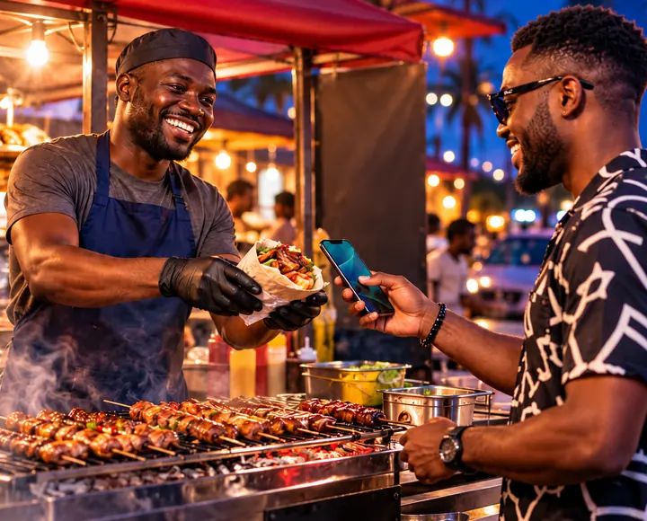 A kebab seller hands a wrap to a customer holding out his phone at a night grill.