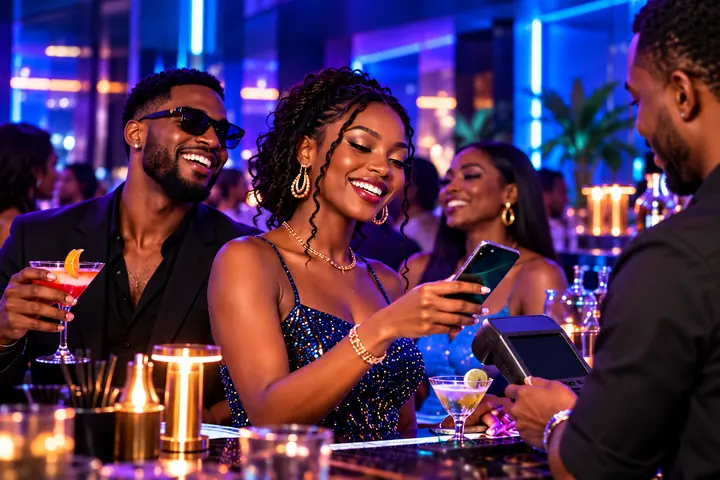 A woman pays with her phone at a lounge bar while her friends smile beside her.