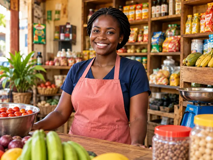 A smiling shopkeeper behind the counter of a small grocery shop.